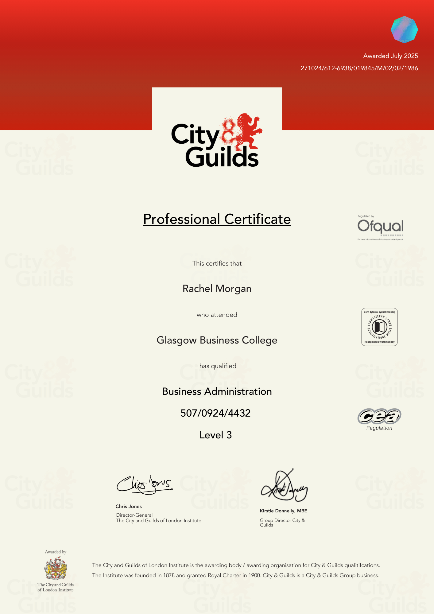 Editable City & Guilds Certificate Template with Red & White Background